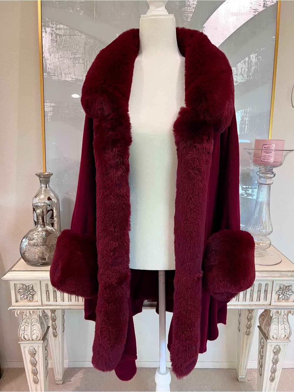 Plush Burgundy Cape with Faux Fur Trim